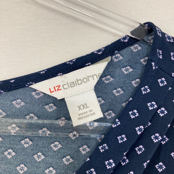 New Liz Claiborne size XXL Navy Geometric V Neck Flutter Sleeve Stretch Blouse - Picture 2 of 10